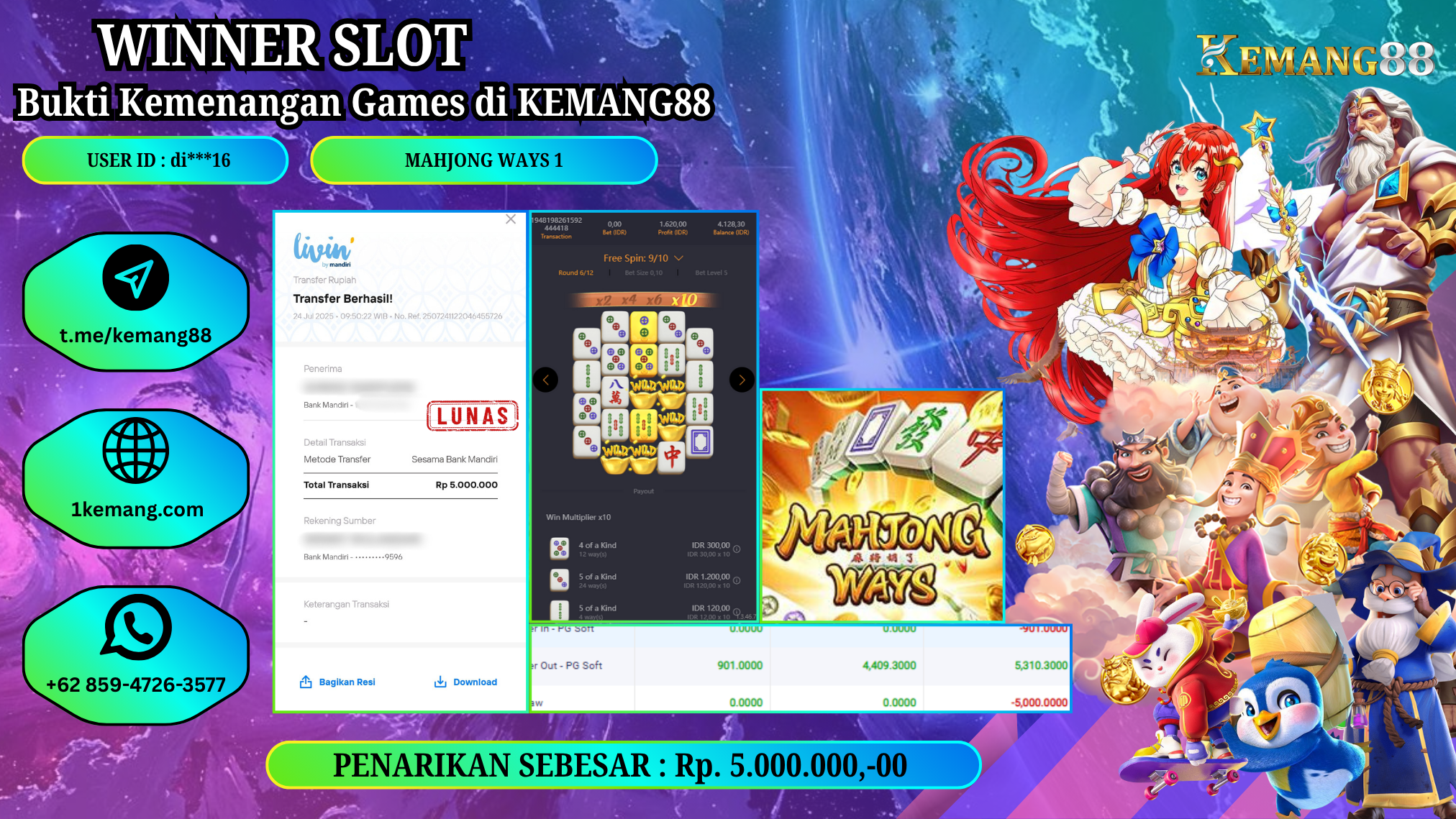 KEMANG88 [24 JULY 2025] : JACKPOT SLOT : MAHJONG WAYS 1 [PG] Rp.5.000.000.,- LUNAS